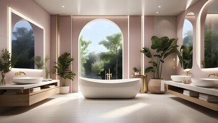 Wall Mural - Modern minimalist luxurious bathroom interior design with modern bathtub, elegant home decor washroom 