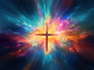 Wall Mural - Awesome A vibrant watercolor painting of a cross soaring above the clouds in a graffitilike style