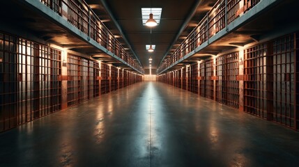 Canvas Print - A long, empty corridor in a prison with multiple rows of cells on both sides and overhead lighting.