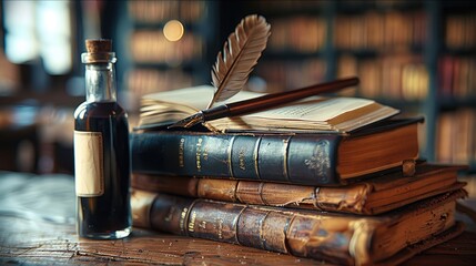 Wall Mural - A stack of books with a quill pen and ink bottle. Generative AI.