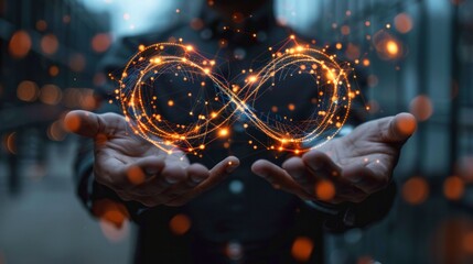 Business concept for endless technology. Businessman holding a virtual digital symbol of an infinity sign with a global network. Business technology abstract futuristic. Modern technology