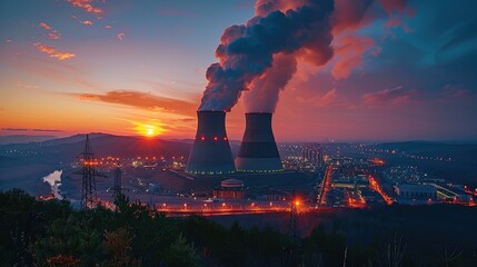 Wall Mural - Nuclear power plant with dusk landscape. Generative AI.