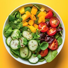 Wall Mural - Fresh salad in white bowl on yellow background. Generative AI.