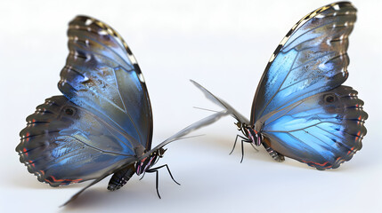 Close up of two blue morpho butterflies on a white background.