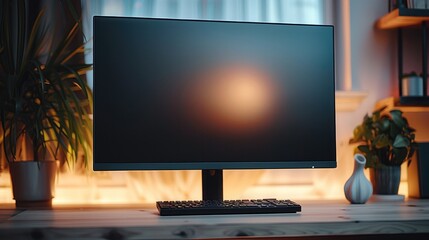 Poster - A black computer monitor, front view, a white wall with a little yellow light in background. Generative AI.