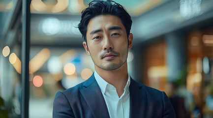 Poster - A handsome and intelligent Korean consultant in a suit, exudes a futuristic atmosphere. Generative AI.