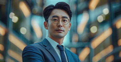 Poster - A handsome and intelligent Korean consultant in a suit, exudes a futuristic atmosphere. Generative AI.