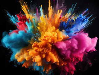 Wall Mural - Awesome High angle view of purple and orange dust holi colored explosion over black background