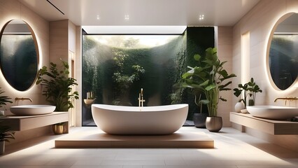 Wall Mural - Modern minimalist luxurious bathroom interior design with modern bathtub, elegant home decor washroom 