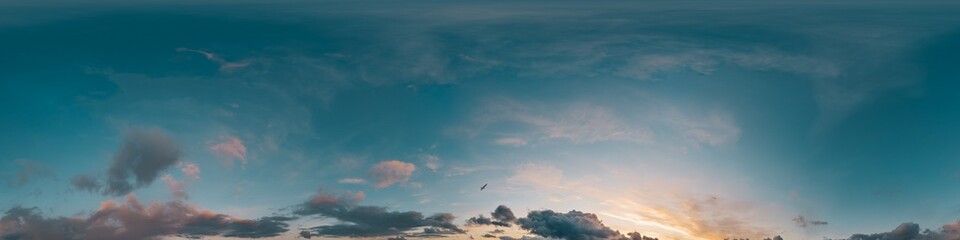 Sky 360 panorama - Bright blue sky filled with fluffy white Cumulus clouds. Seamless hdr spherical 360 panorama. Sky dome sky replacement for aerial drone 360 panoramas. Weather and climate change