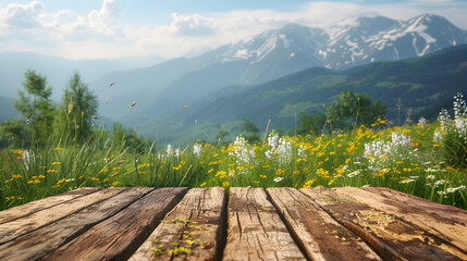 Sticker - Wooden planks on a green field with yellow and white flowers, with snowy mountains in the background.