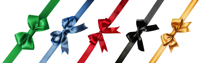 collection set of many colorful satin gift ribbons and bows isolated on transparent background, chri