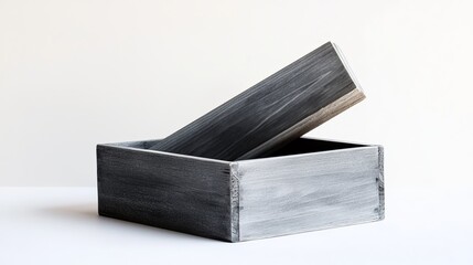 A grey wooden empty box set against a white background.