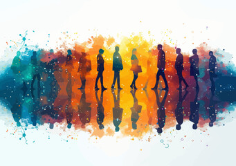 Poster - Business People Network Concept Illustration with Connected Dots and Colorful Background, Digital Collaboration and Teamwork Representation at Dusk, Minimalistic Vector Art