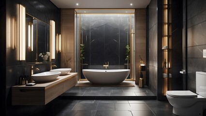 Modern minimalist luxurious bathroom interior design with modern bathtub, elegant home decor washroom 