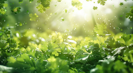 Poster - Bright green herbs such as cilantro, parsley, and basil floating in the air, surrounded by a lush, green farm setting, emphasizing natural and healthy living. Generative AI.