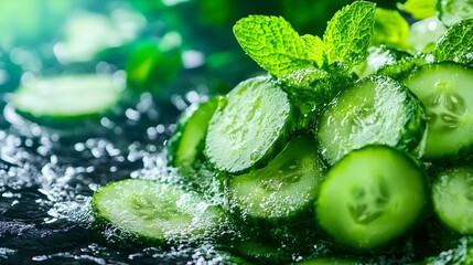 Wall Mural - Cucumber and mint slices floating in crystal-clear water, photographed in high-definition, illuminated by soft natural light, with a minimalistic and refreshing composition.