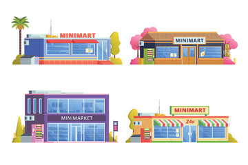 Wall Mural - Vector element of store building, minimarket, mart and supermarket flat design style for city illustration