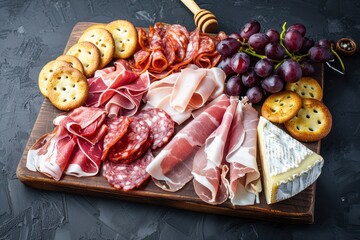 Canvas Print - Assorted cold meats bread sticks fruit cheese on board