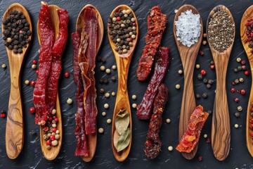 Poster - Assorted dried spiced meat on wooden spoons on dark background Top view Beer snack