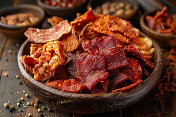 Canvas Print - Assortment of jerky from chicken beef and pork perfect for beer snacks