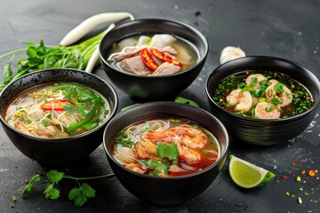 Assortment of Vietnamese traditional soups pho with chicken seafood and beef