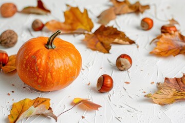 Sticker - Autumn scene with pumpkins and chestnuts on white table with natural light and selective focus