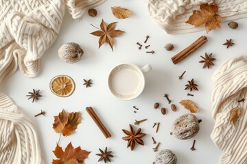 Autumn themed composition including coffee shawl spices and nature elements on white background Fall concept Flat lay with copy space