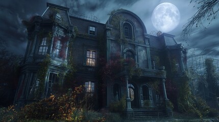 Spooky victorian haunted house with vines covering its walls, illuminated by a bright full moon on a dark cloudy night