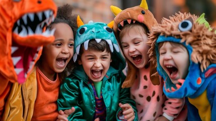 Five children wearing colorful monster costumes are laughing together for a halloween party. They are posing in front of a gray wall