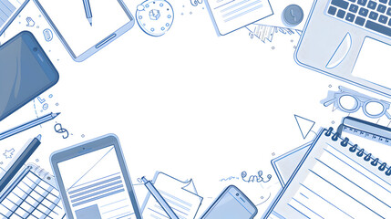 Wall Mural - Blue outline illustration of a workspace with office supplies, tablets, phones, and a laptop.