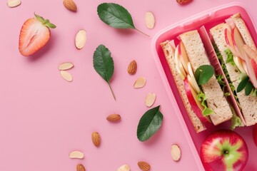 Poster - Back to school concept with lunch box and healthy snacks on pink background top view