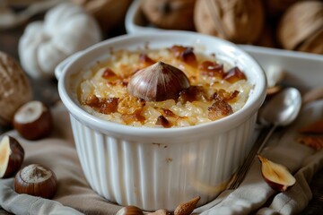 Sticker - Baked chestnuts ready to eat Photo of milk pudding with baked rice in a bowl