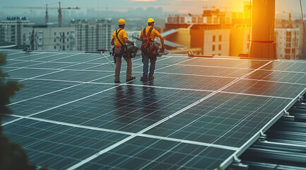 Wall Mural - Workers installing solar panels on an office building roof, demonstrating investment in renewable energy. Generative AI.