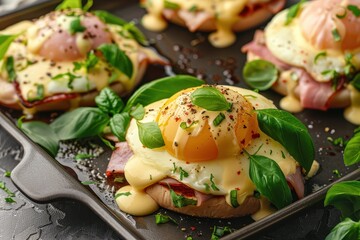 Canvas Print - Basil topped Eggs Benedict on sheet pan