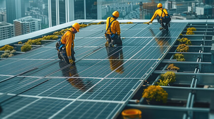 Poster - Workers installing solar panels on an office building roof, demonstrating investment in renewable energy. Generative AI.