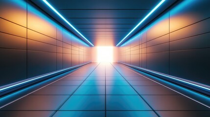 Futuristic corridor with blue neon lights and bright white light at the end.