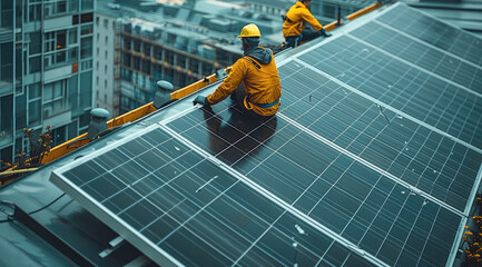 Poster - Workers installing solar panels on an office building roof, demonstrating investment in renewable energy. Generative AI.