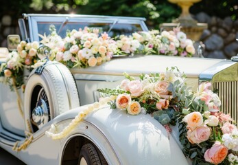 Poster - Beautifully decorated wedding car with flower decorations