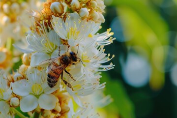 Poster - Bee pollinates chestnut flower gathering pollen close up