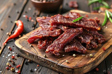 Wall Mural - Beef jerky displayed on wood