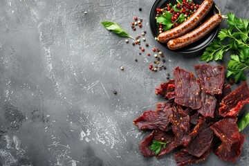 Wall Mural - Beef jerky on concrete with other meat snacks