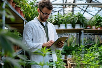 Poster - a scientist examining a plant on a tablet in a greenhouse