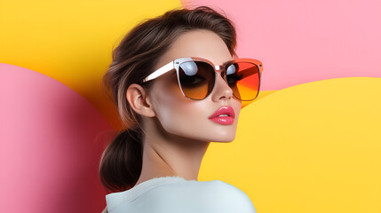 Wall Mural - Fashionable Woman Wearing Sunglasses Against Yellow and Pink Background - Perfect for Summer Style Promotion