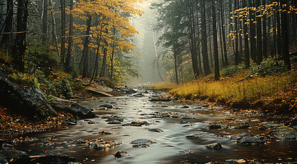 Poster - Beautiful countryside, in the woods, drizzling. Generative AI.