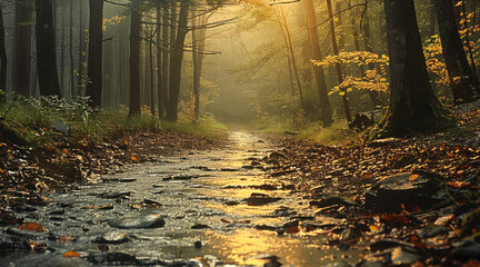 Poster - Beautiful countryside, in the woods, drizzling. Generative AI.
