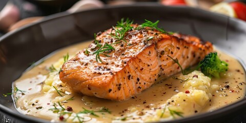 Sticker - Pan Fried Salmon in Creamy Sauce on the Table