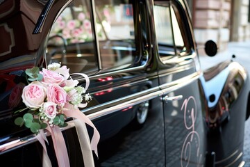 Poster - Black wedding car adorned with floral ribbon on door