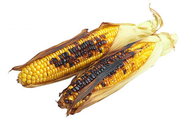 Two charred corn on the cob , transparent background