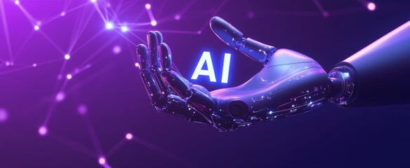 Poster - Futuristic AI robot hand holding glowing AI text with digital connections